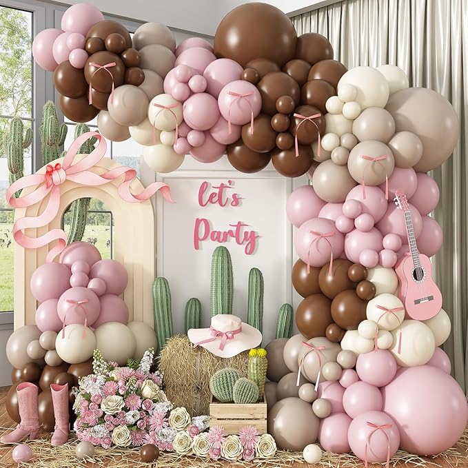 Pink Brown Balloon Arch Garland Kit, Cowgirl Rodeo Balloons Dusty Blush Light Pink Brown Nude Sand White Balloons with Ribbon Bow for Boho Baby Shower Western First Rodeo Birthday Party Decorations