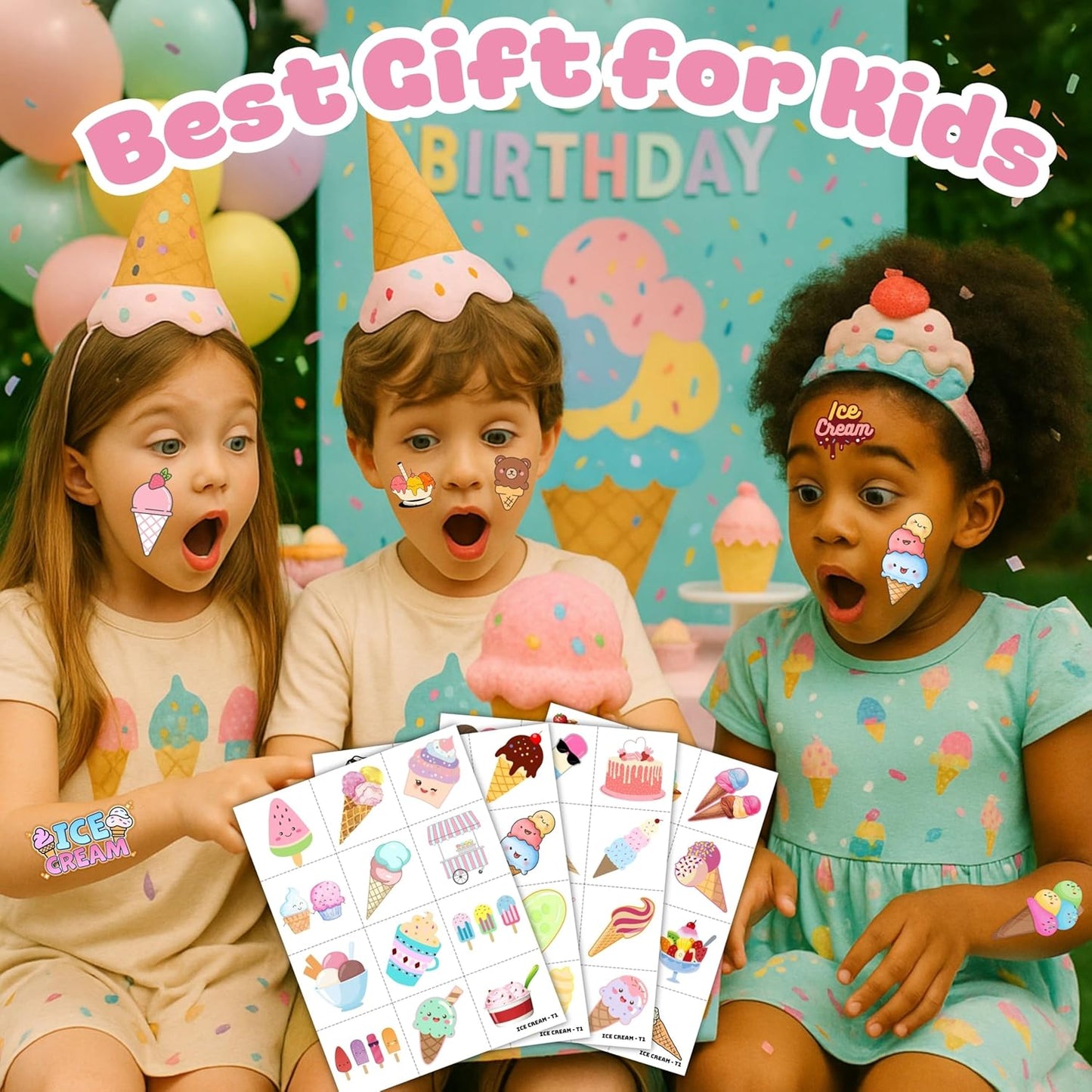 8 Sheets (96PCS) Ice Cream Temporary Tattoos Birthday Party Decorations Favors Tattoos Stickers Cute Party Supplies Kids Girls Boys Gifts Classroom School Prizes Themed