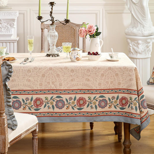 Beige Linen Long Rectangle Tablecloth,Vintage Indian Style Soft and Colorfast Floral Tablecloths,Decor Table Cover for Kitchen,Dining,Thanksgiving,Christmas,63"*102"-Flowershadow E
