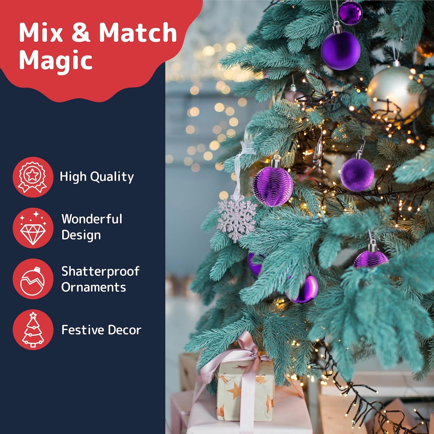 PREXTEX 36-Piece Purple Christmas Ornaments Set - Shatterproof Plum Xmas Tree Balls - 6 Styles, 3 Sizes with Hanging Loops to Decorate Christmas Tree Ornaments for Indoor and Outdoor Holiday Decor