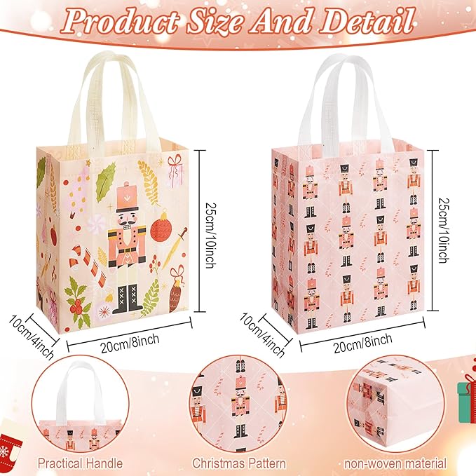 Wovnet 30 Pcs Christmas Bags Bulk Pink Nutcracker Merchandise Gift Bags with Handles Reusable Non Woven Tote Shopping Goodie Pouch for Xmas Party Favors 10 x 8 x 4in