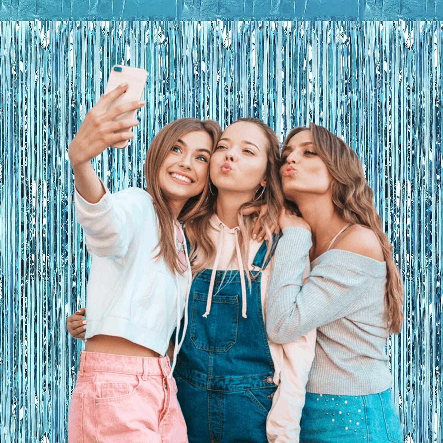 4 Pack Light Blue Foil Fringe Curtain Backdrop, 3.28Ft x 8.2Ft Metallic Tinsel Foil Fringe Streamer Curtains for Photo Booth Props, Birthday, Wedding, Christmas Decoration Party Supplies New