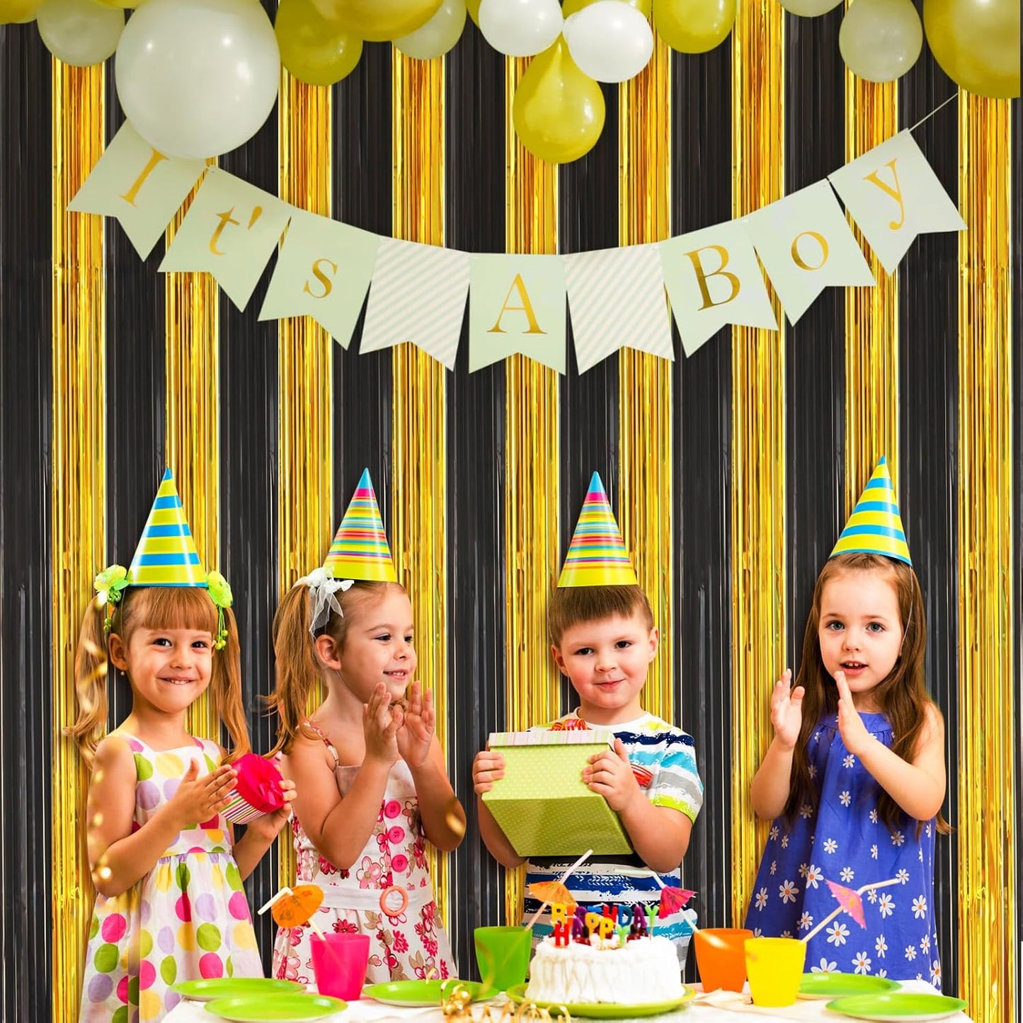 Accevo 3Pack Black Gold Party Streamers 3.2x8.2 Feet Metallic Foil Fringe Curtains Tinsel Streamers Party Decor Photo Booth for Christmas New Year Party Decorations Gold Black Party Decoration