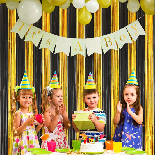 Accevo 3Pack Black Gold Party Streamers 3.2x8.2 Feet Metallic Foil Fringe Curtains Tinsel Streamers Party Decor Photo Booth for Christmas New Year Party Decorations Gold Black Party Decoration