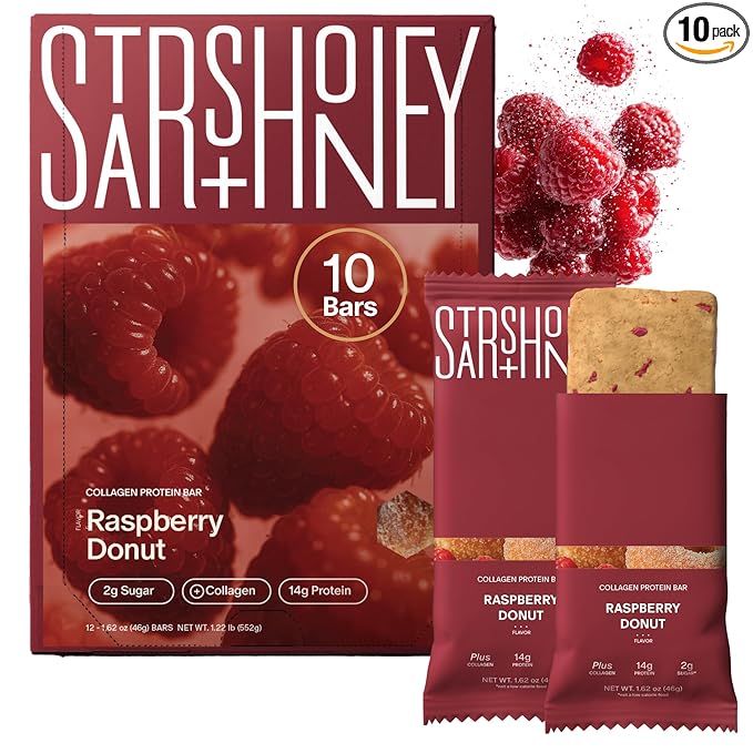 Stars + Honey Protein Bars - The Raspberry Donut, 15g Protein, 2g Sugar, w/Collagen Keto Friendly Snack - Gluten, Dairy, Seed Oil, & Soy Free - High-Protein Snacks for Energy & Recovery -10 pack