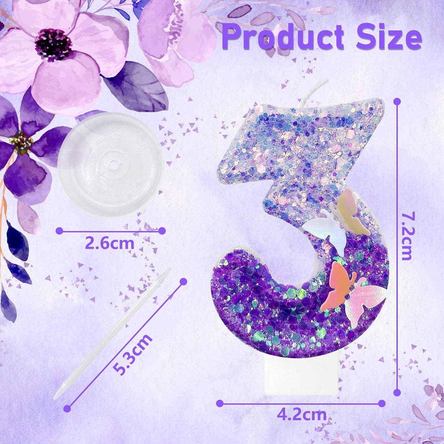 3Th Birthday Candle for Cake，Butterfly Cake Toppers，Butterfly Birthday Decorations，Purple Birthday Candles，for Birthdays,Theme Parties, Celebration, Anniversary