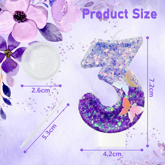 3Th Birthday Candle for Cake，Butterfly Cake Toppers，Butterfly Birthday Decorations，Purple Birthday Candles，for Birthdays,Theme Parties, Celebration, Anniversary