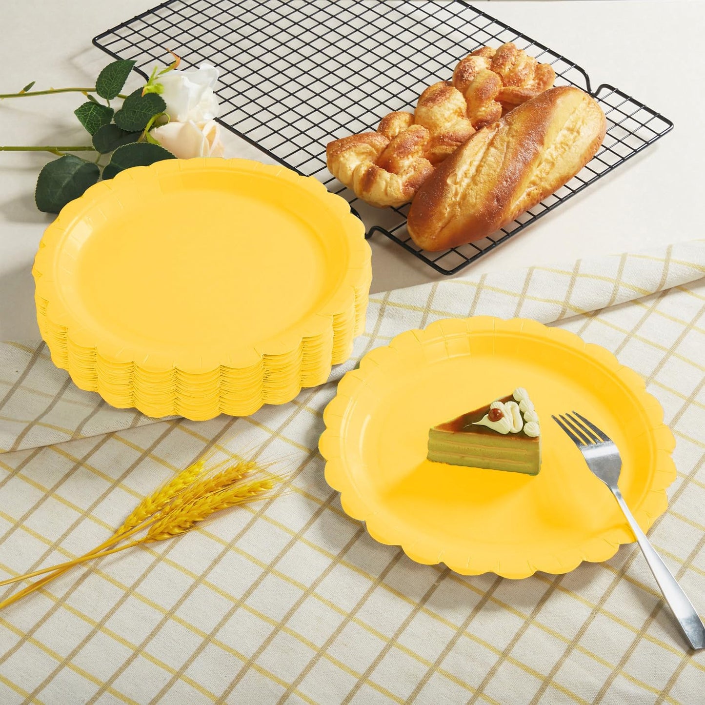 BEFORYOU 50PCS Scalloped Disposable Paper Plates 9IN Dessert Cake Party Plates for Baby Shower, Wedding,Bridal Shower Birthday Party Supplies (Yellow, 9IN)