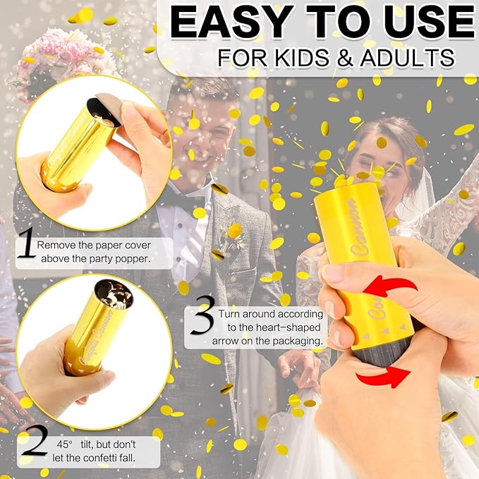 Confetti Cannon 8 Pack Small gold Confetti Poppers ideal for Weddings, Birthdays, Graduations, Baby Showers, New Year's Eve Parties Fun Party Decorations