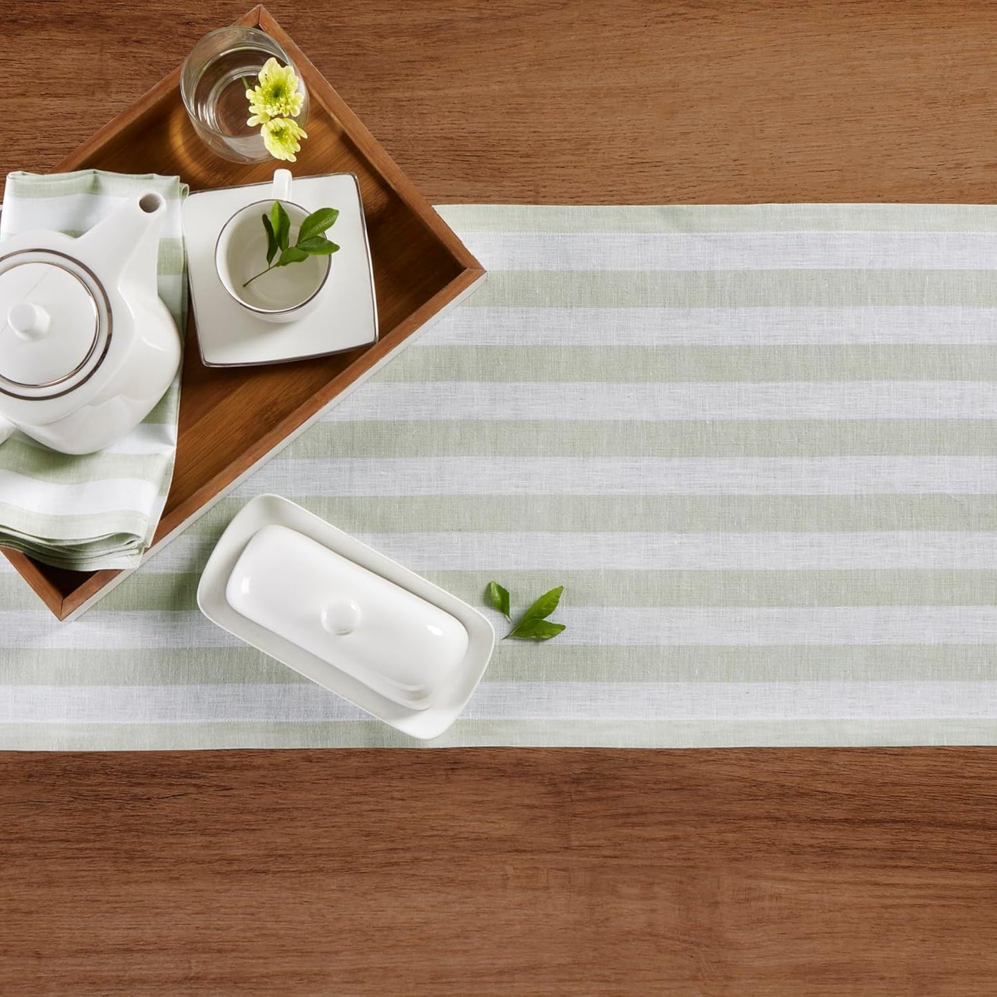 Solino Home Linen Table Runner 60 Inches - Sorrento Stripe 100% Pure Linen Sage and White Farmhouse Table Runner 14 x 60 Inch Ideal for Dresser and Coffee Tables - Fall, Thanksgiving, Christmas