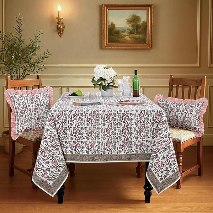Ridhi Hand Block Print Coral Pink Rectangle Cotton Tablecloth 108" x 60" Reusable Table Cover Decorative Everyday Use for Dining, Farmhouse, Home Gift for Spring, Easter, Valentine
