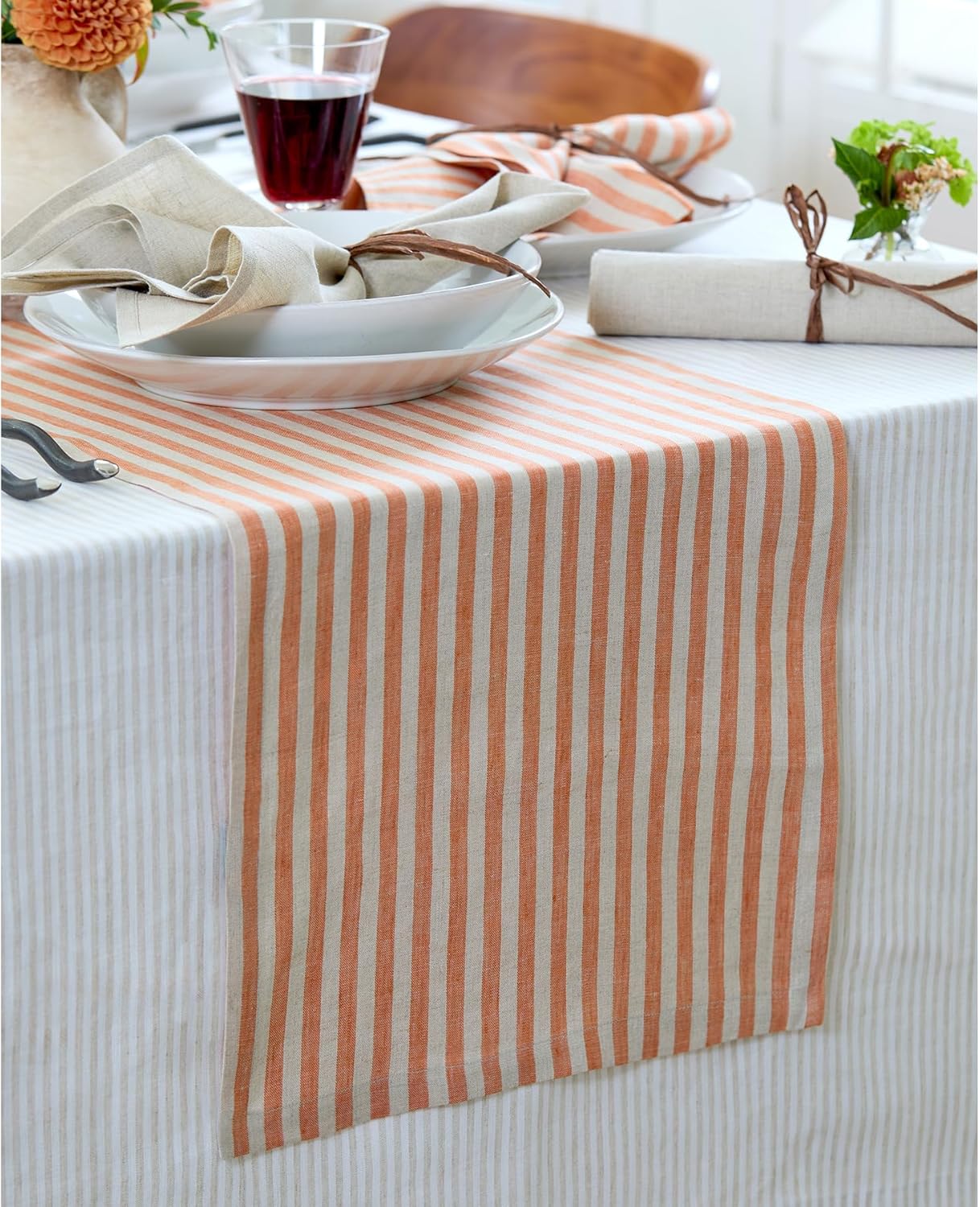 Solino Home Table Runner 90 Inches Long - Amalfi Stripe, 100% Pure Linen Pumpkin and Natural Table Runner 14 x 90 Inch for Dining, Fall, Autumn, Halloween, Thanksgiving