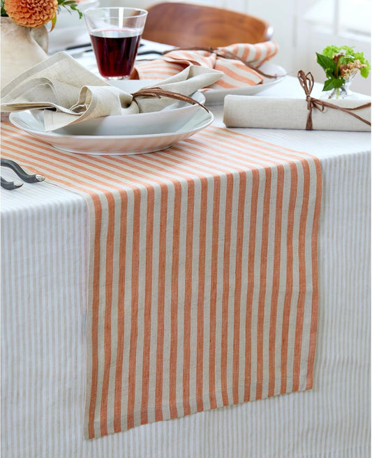 Solino Home Table Runner 60 Inches - Amalfi Stripe 100% Pure Linen Pumpkin and Natural Table Runner 14 x 60 Inch Ideal for Dresser and Coffee Tables - Fall, Autumn, Halloween, Thanksgiving