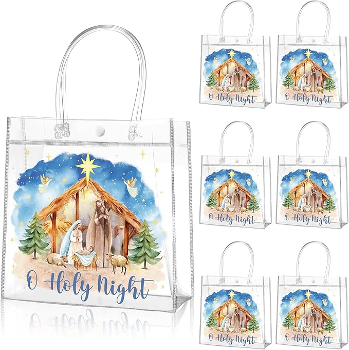 Aliceset 20 Pcs Christmas Nativity Gift Bags with Handles Clear Christian Christmas Goodie Bags Watercolor Holy Night Jesus Wrapping for Christian Holiday Decoration Religious Presents Wrapping