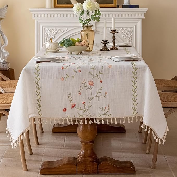 Joyfol Day Linen Waterproof Tablecloth with Tassels, Rustic Farmhouse Flowers Embroidery Table Cloths for Rectangle Tables, Heavy Weight Spill-Proof Table Covers, Pink Florals, 55''x 70''