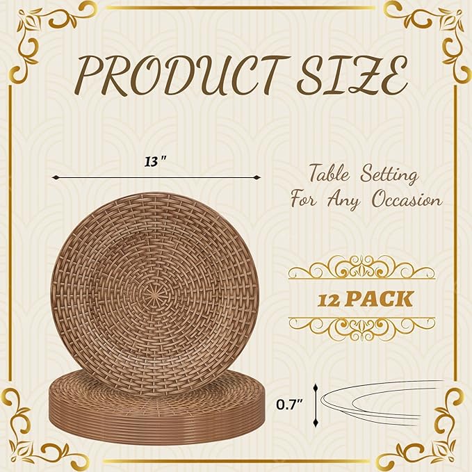 MAONAME Faux Rattan Charger Plates Set of 12, Table Chargers for Dinner Plates, 13" Round Brown Plate Chargers, Plastic Charger for Table Setting, Wedding Decor