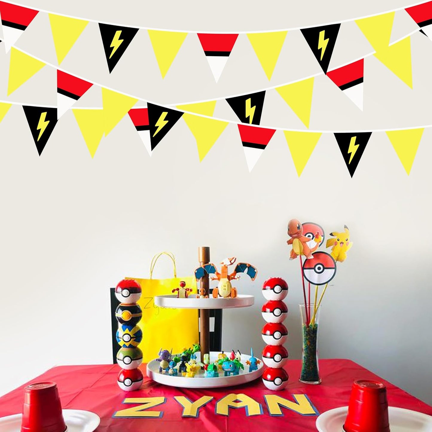 32Ft Cartoon Animation Party Decorations Red White Yellow Lightning Triangle Flag Fabric Banner Pennant Garland Streamer for Cartoon Birthday Animated Baby Shower Video Games Party Decor Supplies