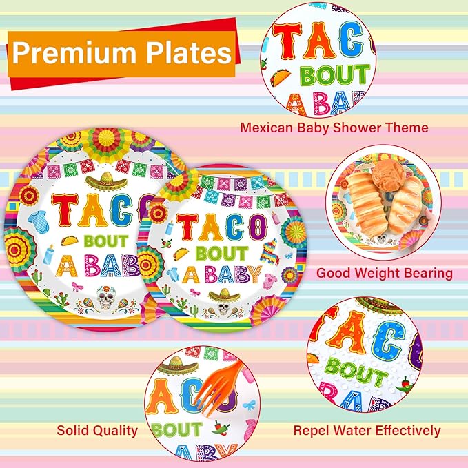 96Pcs Taco Baby Shower Party Supplies Taco Bout A Baby Paper Plates Napkins Dia De Los Muertos Mexican Fiesta Party Decorations Day of The Dead Dinnerware Favor Boys Girls Tableware Serves 24