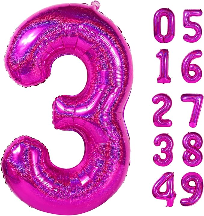 Laser Hot Pink 3 Balloon, Number Balloons 40 Inch, 3rd Birthday Decorations for Kids Girls Women Party Supplies for Party Decorations, Number 3 Balloon