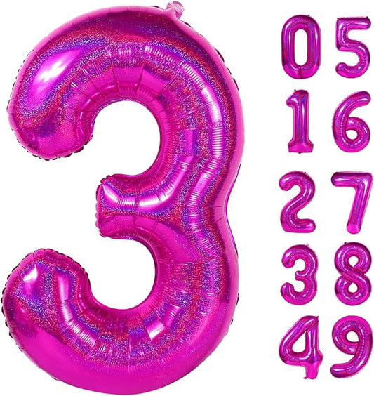 Laser Hot Pink 3 Balloon, Number Balloons 40 Inch, 3rd Birthday Decorations for Kids Girls Women Party Supplies for Party Decorations, Number 3 Balloon