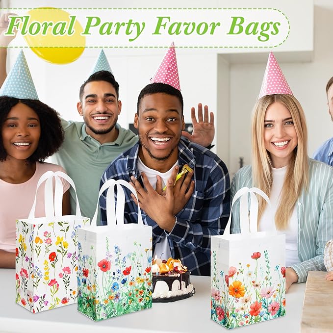 48 Pcs Floral Gift Bags Wildflower Party Favor Reusable Non Woven Treat Tote Welcome Flower Goodie Gift Bags with Handle for Wedding Guest Birthday Bridal Baby Shower Decor Party Supplies
