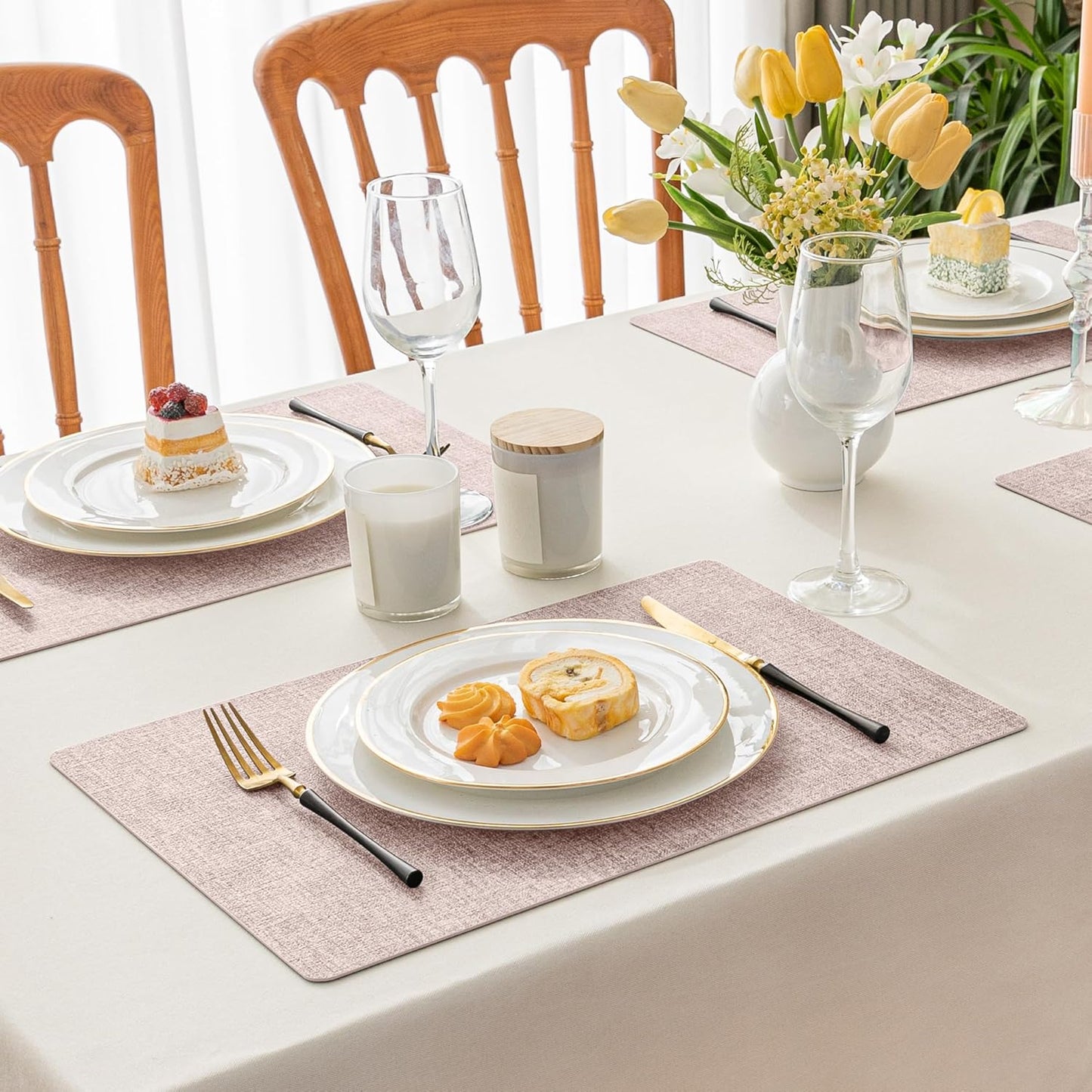Romanstile Vinyl Placemats Set of 12-12 X 18 Inch - Heat Resistant Place Mats 100% Waterproof Oilproof Wipeable Reversible Faux Leather Table Mats for Kitchen/Dining/Party/Outdoor, Pink
