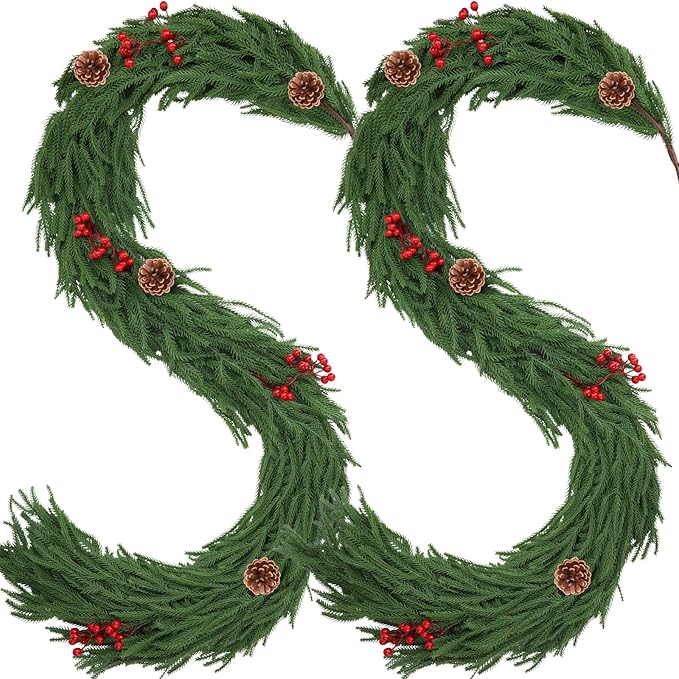 2 Pack 6FT Christmas Norfolk Pine Garlands with Pine Cone Real Touch Christmas Garland Artificial Greenery Garland for Fireplace, Table, Wall, Stairs, Outdoor Holiday Décor
