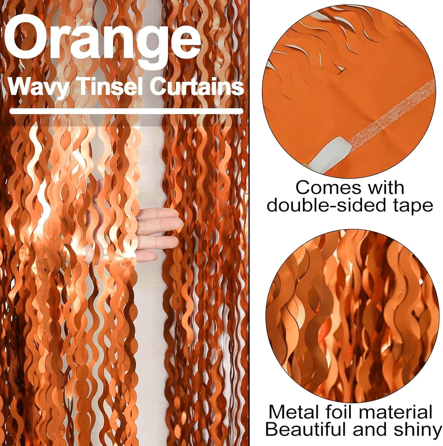 4 Pack Orange Fringe Curtain Backdrop 3.2Ft x 8.2Ft Metallic Tinsel Foil Fringe Streamers Background for Photo Booth Mother's Day, Easter, Carnival, Birthday, Wedding Party Decoration
