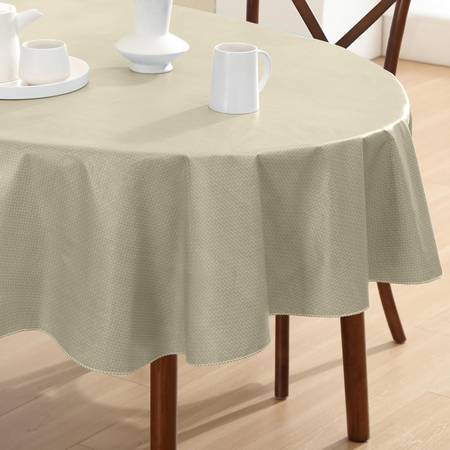 Newbridge Basketweave Vinyl Flannel Backed Tablecloth, 60 x 84 Inch Oval, Natural, Basket Weave Textured Indoor Outdoor Waterproof Table Cover for Patio, Kitchen, Dining