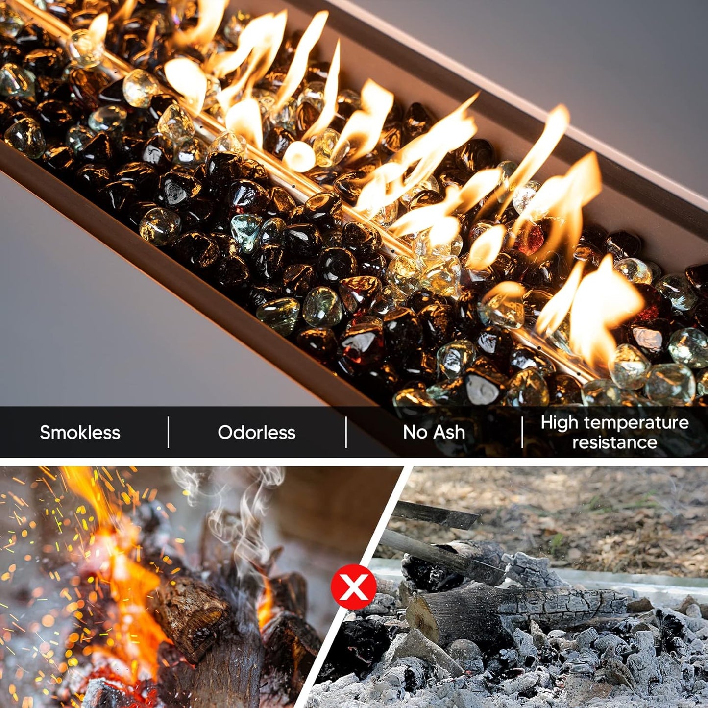 Mr. Fireglass 10 Pounds Blended Fire Glass Diamonds for Fireplace Fire Pit & Lanscaping - 1 inch High Luster Fire Rocks with Mixed Colors (Onyx Black + Crystal Ice + Amber)