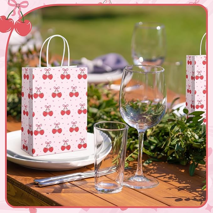 Kolldenn 16 Pcs Coquette Cherry Bow Paper Gift Bags Women Mother's Day Birthday Favor Goodie Candy Bags with Handles for Bridal Engagement Baby Shower Party Supplies