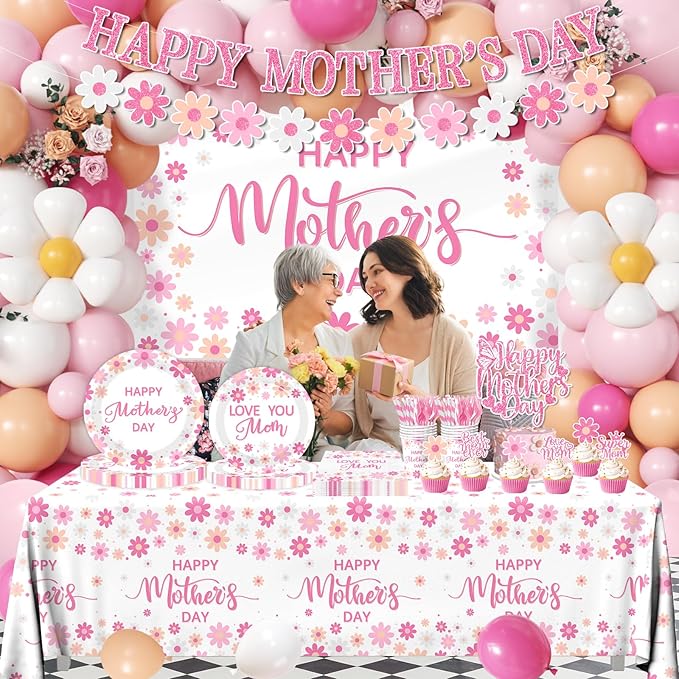 Mothers Day Party Decorations,Pink Daisy Mothers Day Party Tableware Set Paper Plates,Napkins,Banner,Cake Topper Love You Mom Mother's Day Decorations for Happy Mother's Day Supplies Service 24