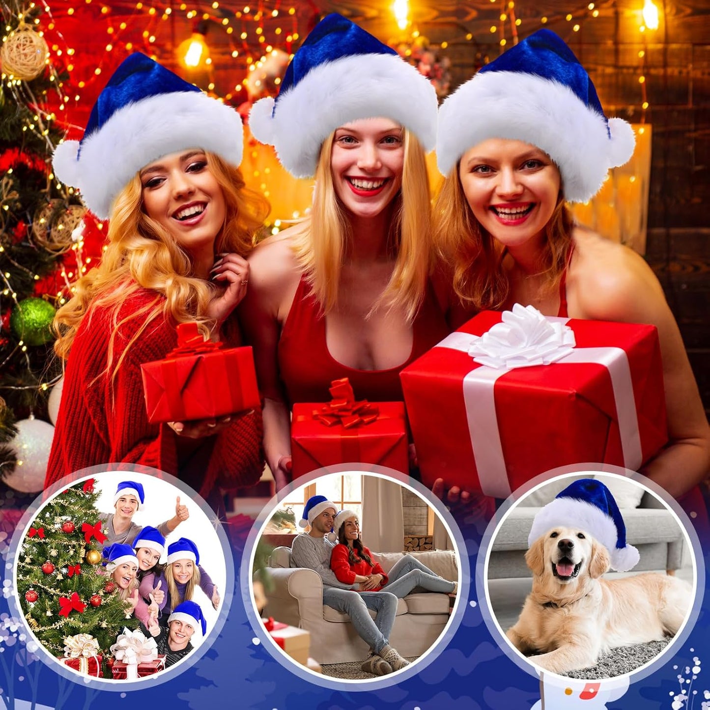 Ramede 36 Pcs Christmas Hats Adult Red/Green/Blue Plush Santa Hats Bulk for Women Men Christmas Xmas Holiday Costume