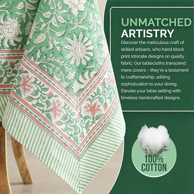 Labhanshi Indian Block Print Table Cloth-Floral Handmade Cotton Rectangle Linen Tablecloth 72x108 Inch| Spring St. Patrick Party Birthday Easter Table Cloth|8 Seater Camping Table Cover|Green Leaf