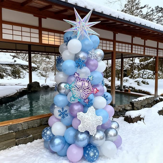 Purple Blue Balloon Garland 135pcs, Pearl Light Purple Blue White Silver Snowflake Balloon Arch with Foil Snow Iridescent Star Balloons for Winter Wonderland Baby Shower Birthday Christmas Party Decor