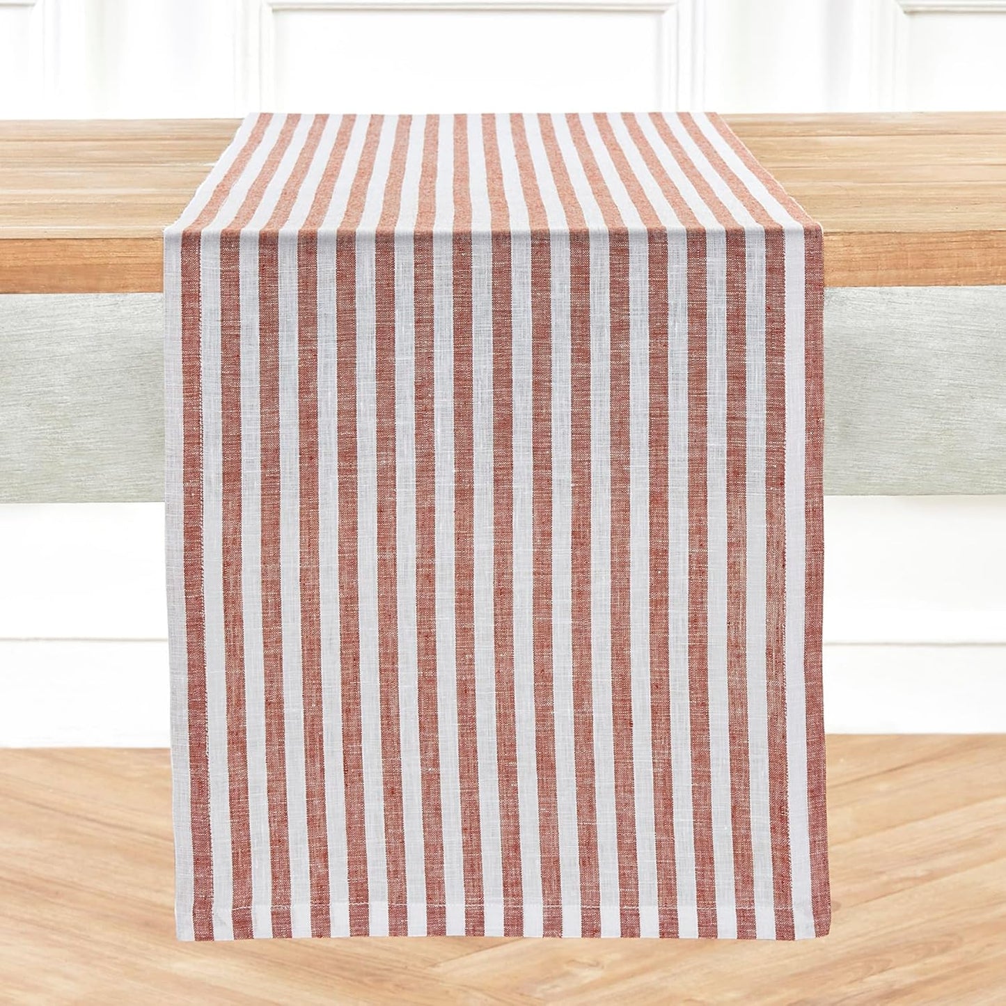 Solino Home Linen Table Runner 48 Inches - Amalfi Stripe 100% Pure Linen Cinnamon and White Farmhouse Table Runner 14 x 48 Inch Ideal for Dresser and Coffee Tables - Fall, Halloween, Thanksgiving