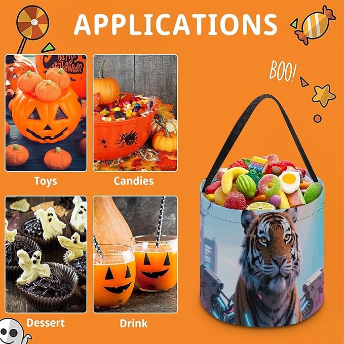 Halloween Candy Bucket - Cyber Hippie Tiger Trick Or Treat Candy Bag, Gift Bag for Party Favor Supplies
