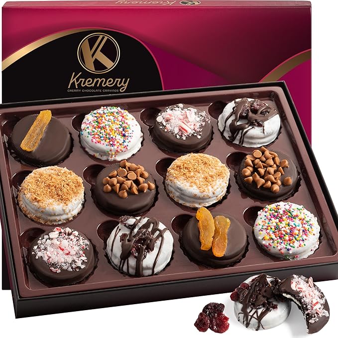 KREMERY Creamy Chocolate Cravings - Halloween Treats For Adults Chocolate Covered Sandwich Cookies & Cream Gift Basket, in Elegant Gift Box (12 Cookies, Assorted Sweet Toppings) Holiday Xmas Christmas