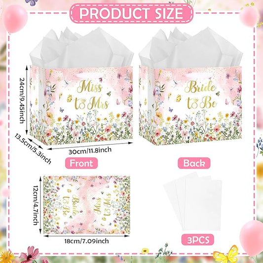 Bridal Shower Gift Bag Wedding Miss to Mrs Gifts Bag with Tissue and Card Bridal Shower Gift Wrapping Paper Bag Floral Wedding Gift Bags Bride Engagement Bachelorette Party Bag Bride to Be Gifts