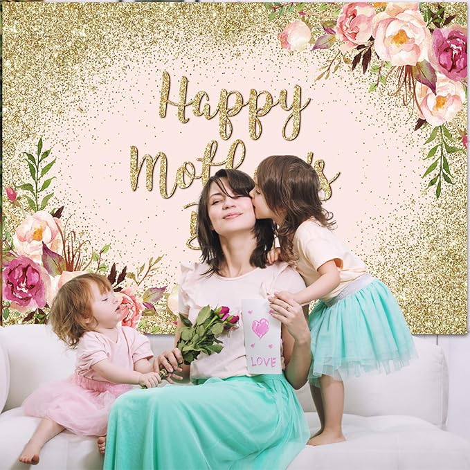 Avezano 7x5ft Happy Mother's Day Backdrop Glitter Gold Pink Floral Happy Mothers Day Party Decorations Banner Mothers Day Photography Background Photo Booth Props (7x5ft)