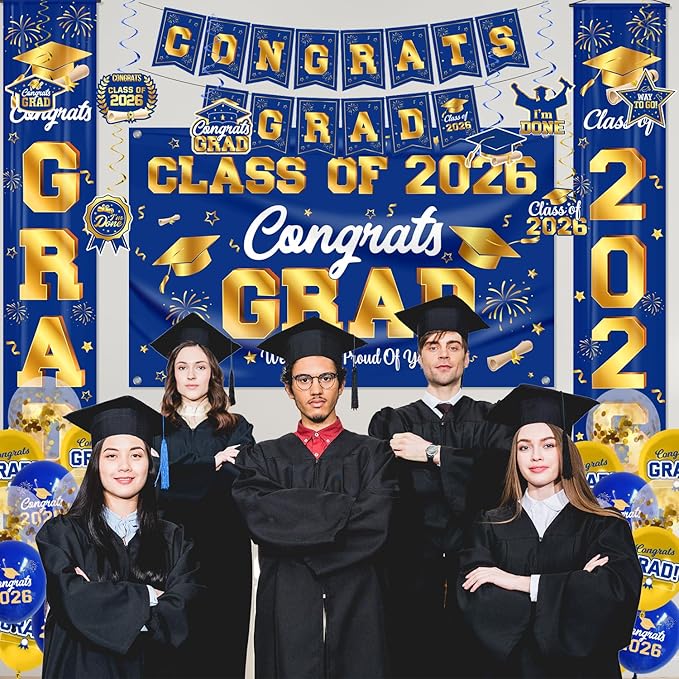 Graduation Decorations Class of 2026 Blue and Gold Graduation Party Decor Set include Congrats Grad Banner Backdrop Class of 2026 Balloons Party Supplies
