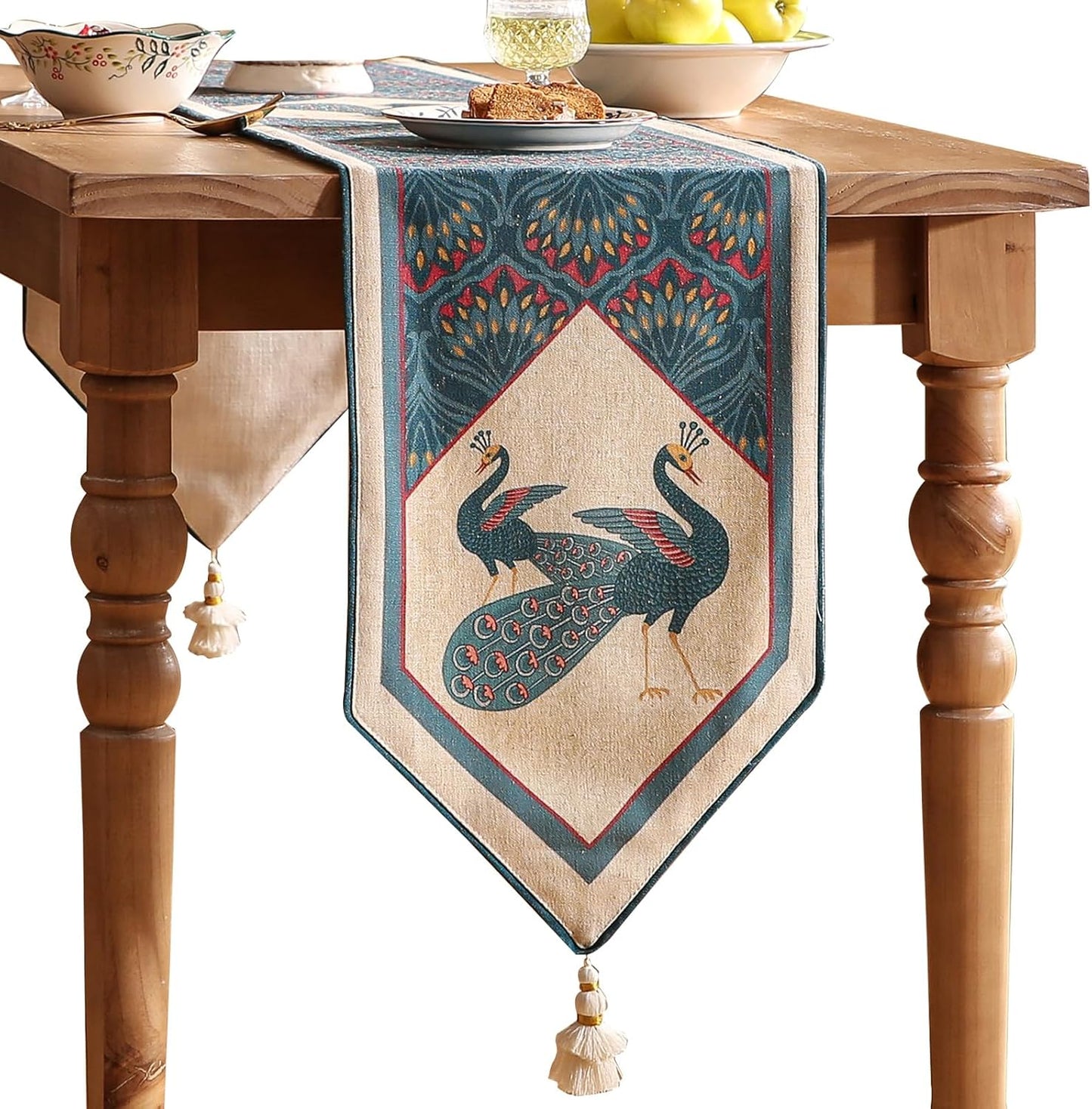 bilingaier Vintage Blue Peacock Small Table Runner for Table,Decorative Linen 102 Inches Long Table Runners,Decor Tabletop for Kitchen,Dining,Tea Party,Home,Christmas,12"*102"
