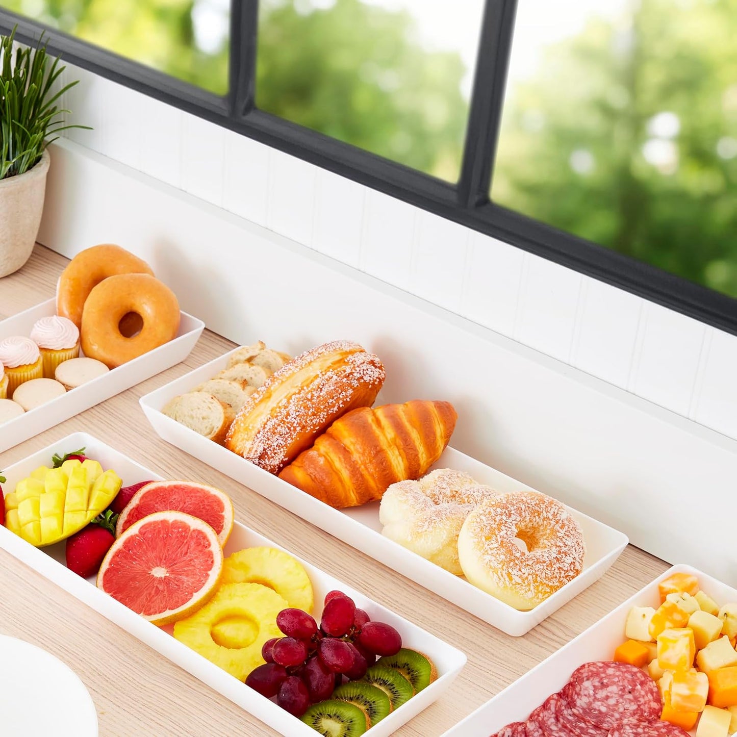 US Acrylic Avant White Plastic Serving Trays (Set of 4) 15” x 5” | Narrow Reusable Rectangular Party Platters | Serve Appetizers, Fruit, Veggies, & Desserts | BPA-Free & Made in USA (Pack of 2)