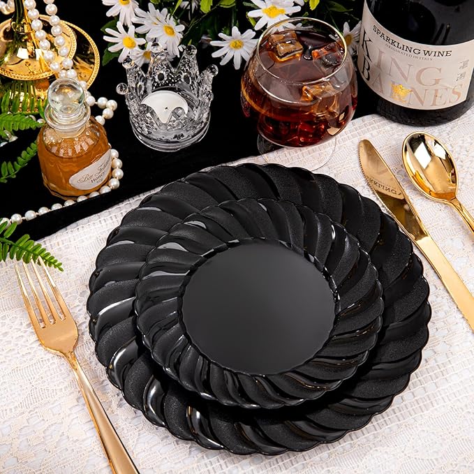 U-QE 100PCS Black Plastic Plates, Heavy Duty Black Disposable Plates Including 50PCS 9inch Dinner Plates & 50PCS 6.5inch Dessert Plates -Hard Plastic Plates for Party Wedding Bridal Shower