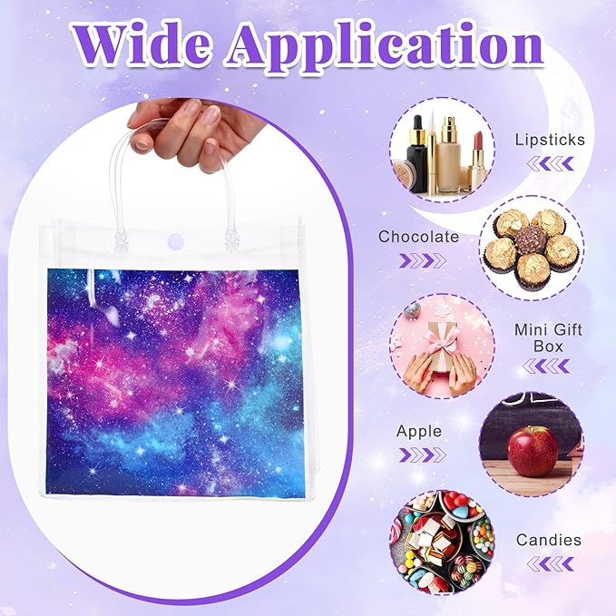 Kacctyen 24 Pcs Galaxy Party Clear PVC Gift Bags Starry Sky Favor Bags Space Treat Tote Starry Night Gift for Solar System Planet Birthday Baby Shower Party Supplies, 7.87 x 7.87 x 3.15 Inch