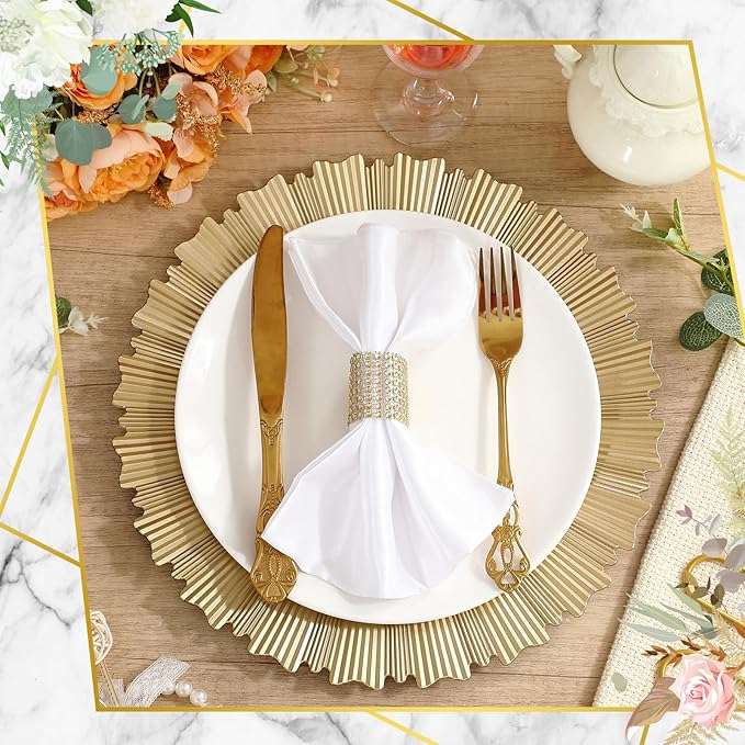 Tanlade 100 Set Light Gold Charger Plates Bulk with Napkin Rings Plastic 13" Plate Charger Fluted Edge Wedding Decoration for Table Wedding Party Event(Gear)