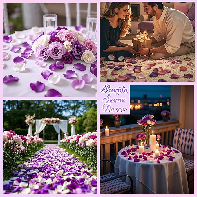 Eslibin 180 PCS Real Purple White Rose Petals for Wedding Flower Girl to Throw, 1.75oz Mixed Fresh Dried Rose Petal for Proposal Centerpieces Valentine's Day Romantic Night Decor