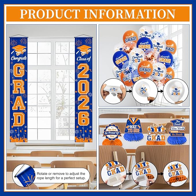 Graduation Decorations Class of 2026 Blue and Orange Graduation Party Decor Set include Congrats Grad Banner Backdrop Class of 2026 Balloons Party Supplies