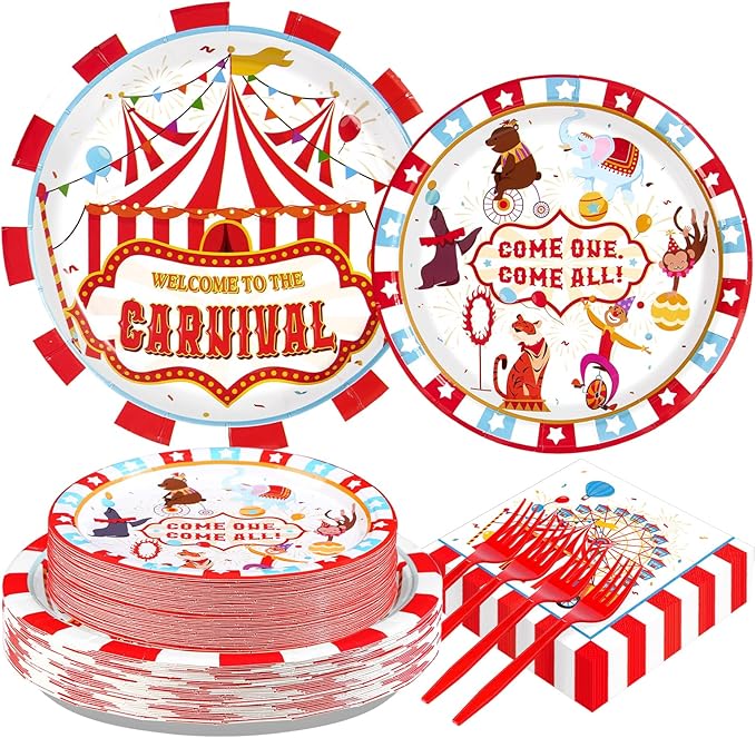 Grencian 200Pcs Carnival Party Decorations Carnival Circus Plates and Napkins Disposable Circus Theme Paper Tableware Set for Birthday Baby Shower Fiesta Party Supplies, Serves 50