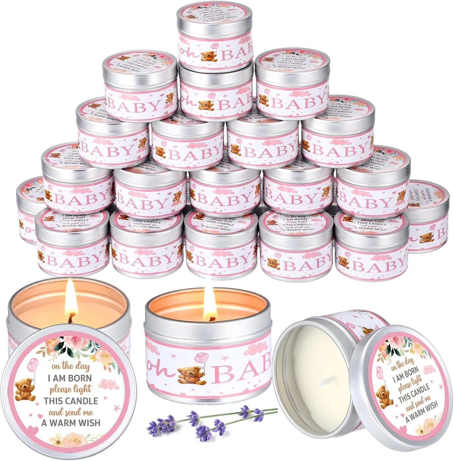 MTLEE 24 Pcs Bear Baby Shower Party Favors Candles Lavender Scented Baby Shower Favors for Guests Rustic Tealights Candles Gender Reveal Return Gifts Girl Boy(1.2 Oz, Pink)